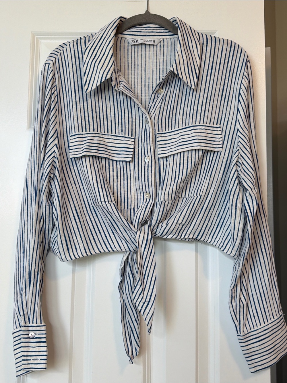 Zara White and Blue Striped Tie-Front Long Sleeve Button Down
